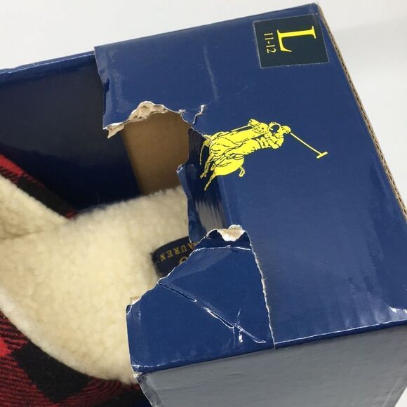 Polo Ralph Lauren Big Pony Red and Black Buffalo Plaid faux Sherpa Slippers L - Picture 4 of 16